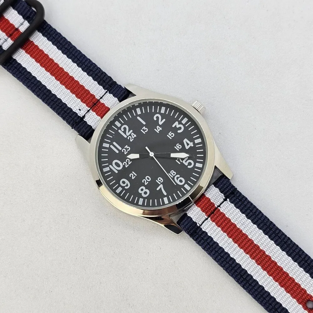 Men's Field Military Watch 42MM‎ Black Dial Blue White Red Canvas Band Straps